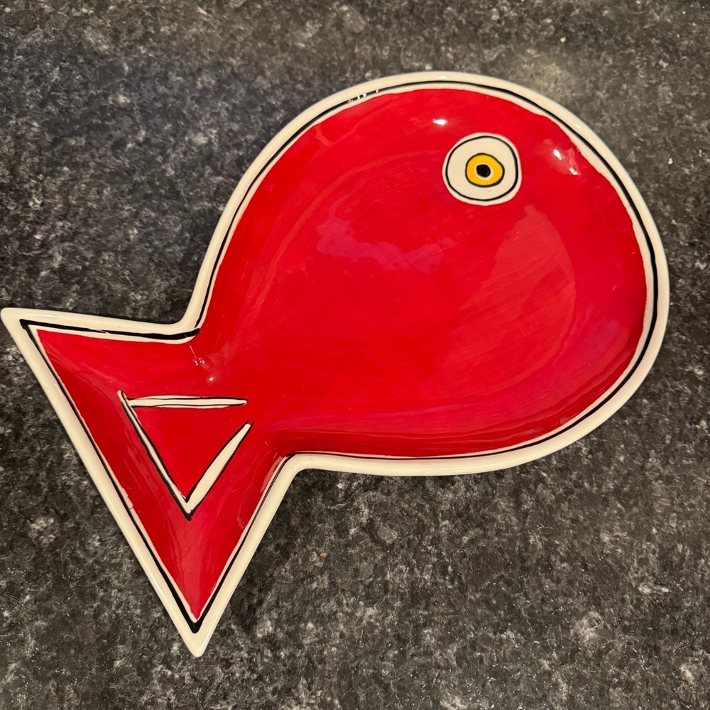 M.‎ Bagwell Red Fish-Shaped Ceramic Dish "Water Collection" Coastal Home Decor